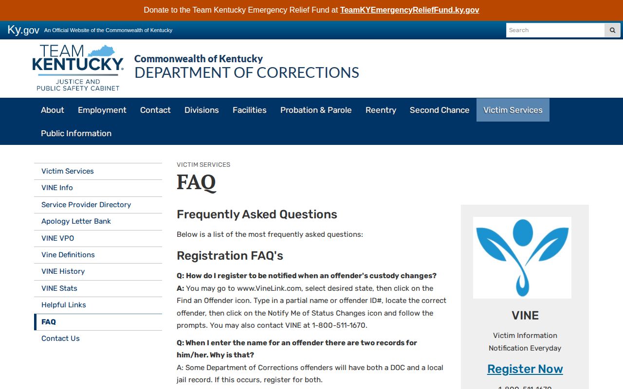 Kentucky VINE instructions for searching by name or offender ID