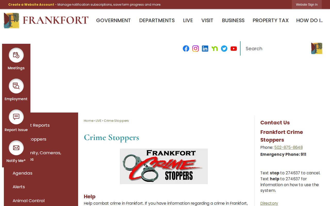 Frankfort Crime Stoppers official tip page for arrest information context