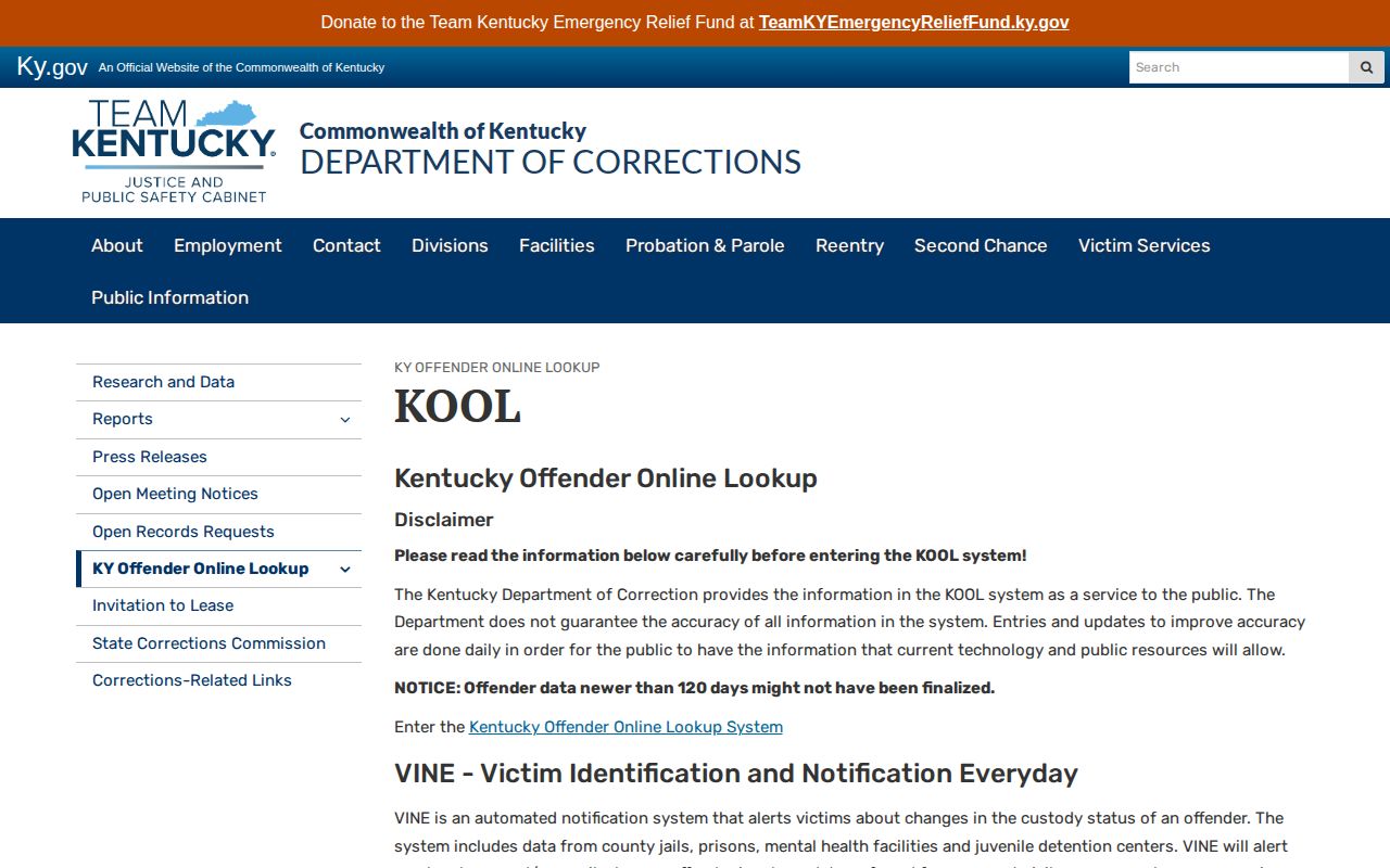 Kentucky DOC offender lookup update notice for Franklin County custody searches