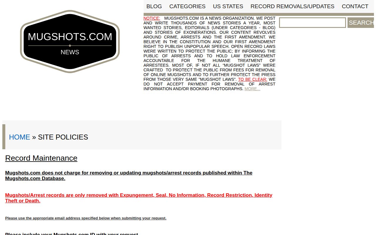 Secondary publisher policy page relevant to Franklin County arrest photo corrections